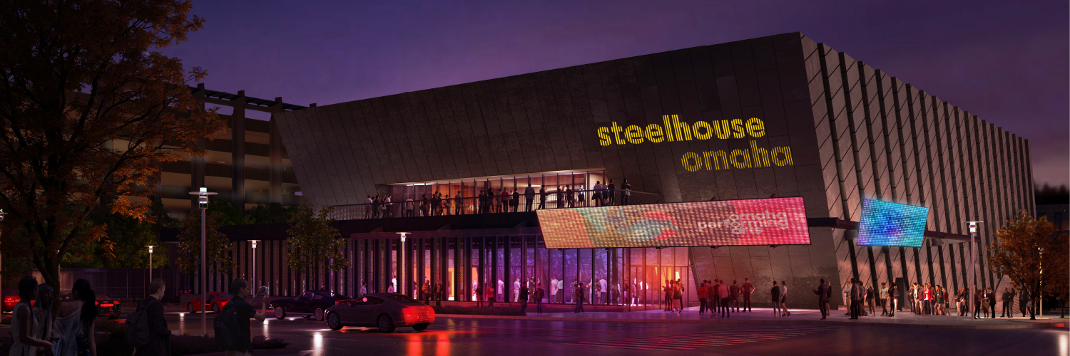 rendering of live music venue with name steelhouse omaha on the front and a digital marquee below