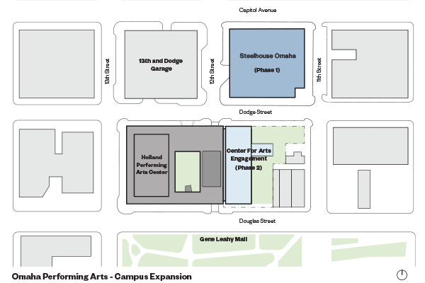 map showing the campus of the Holland Center, Steelhouse, and Center for Arts Engagement