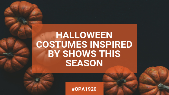 Pumpkins sit on a black background with the text 'Halloween costumes inspired by shows this season' on top