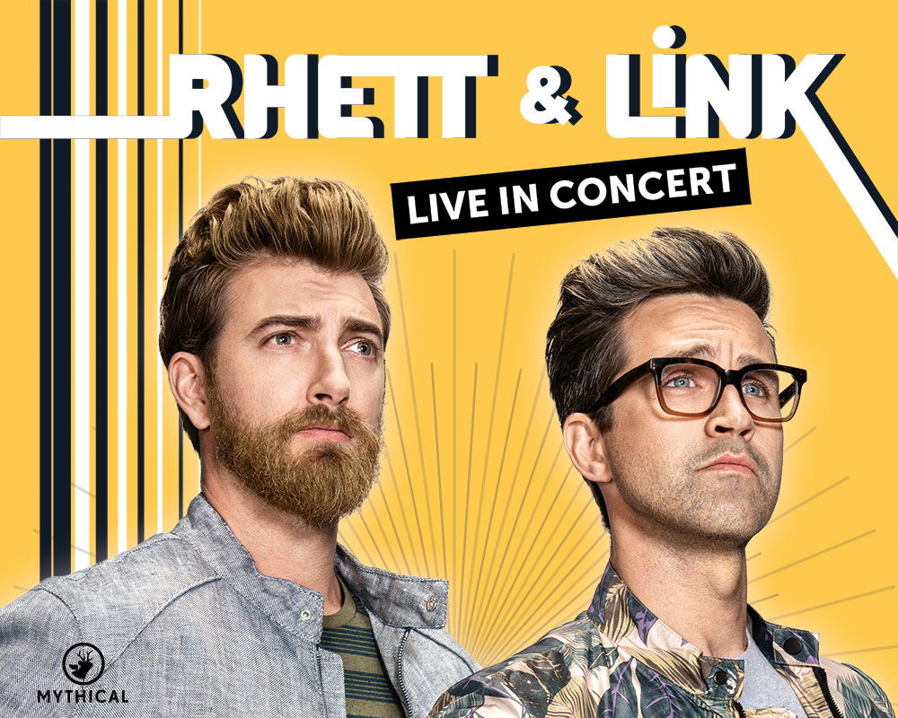 Two men pose against a yellow background with the words "Rhett and Link"