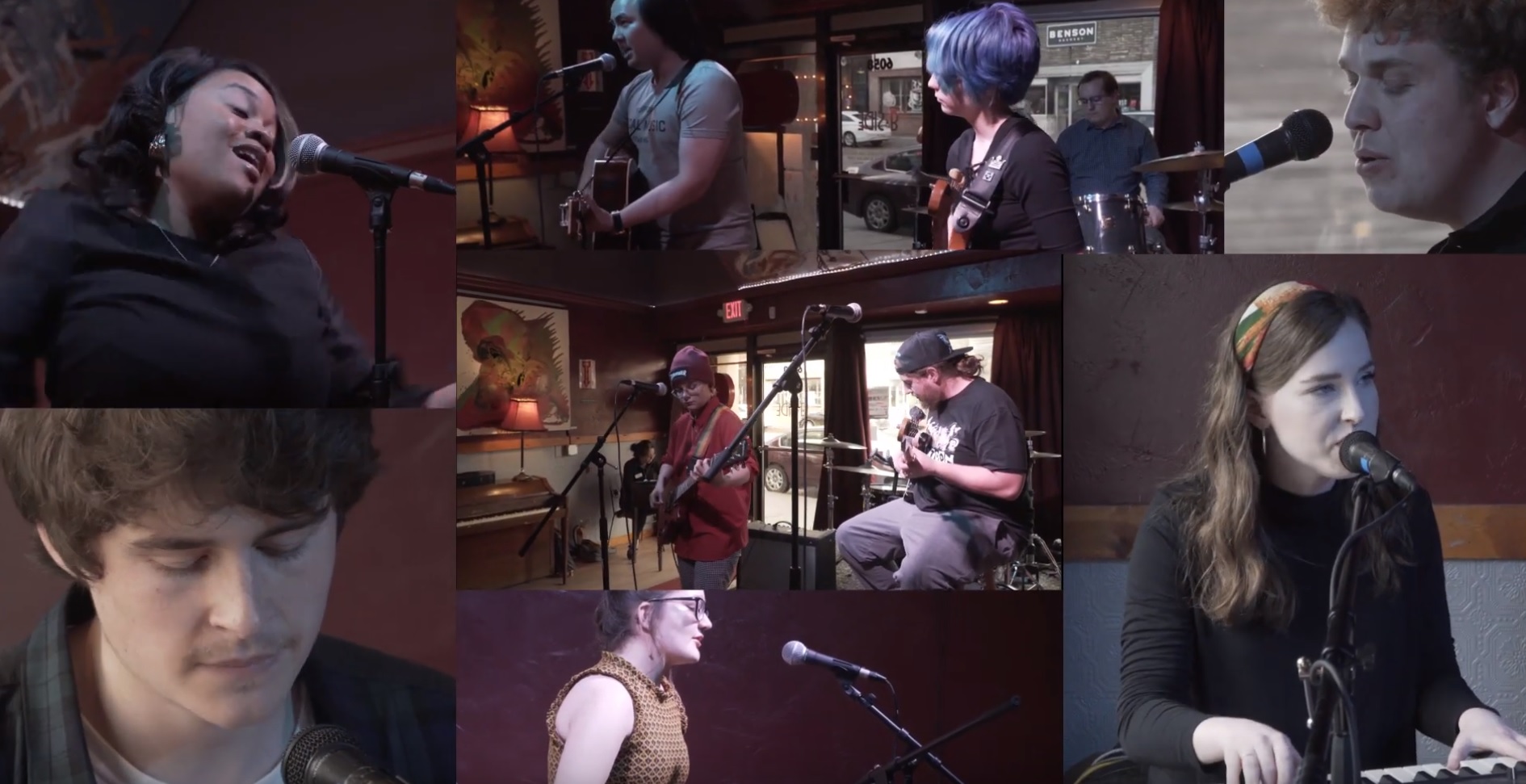 A collage of photos of artists performing at the Singer/Songwriter Competition Showcase