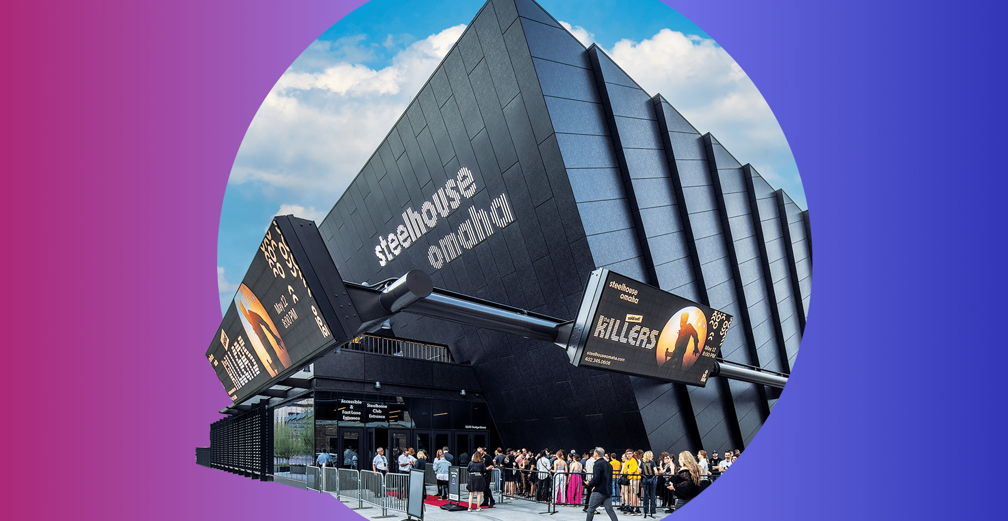 photo of front of Steelhouse at Killers Concert against pink and purple gradient background