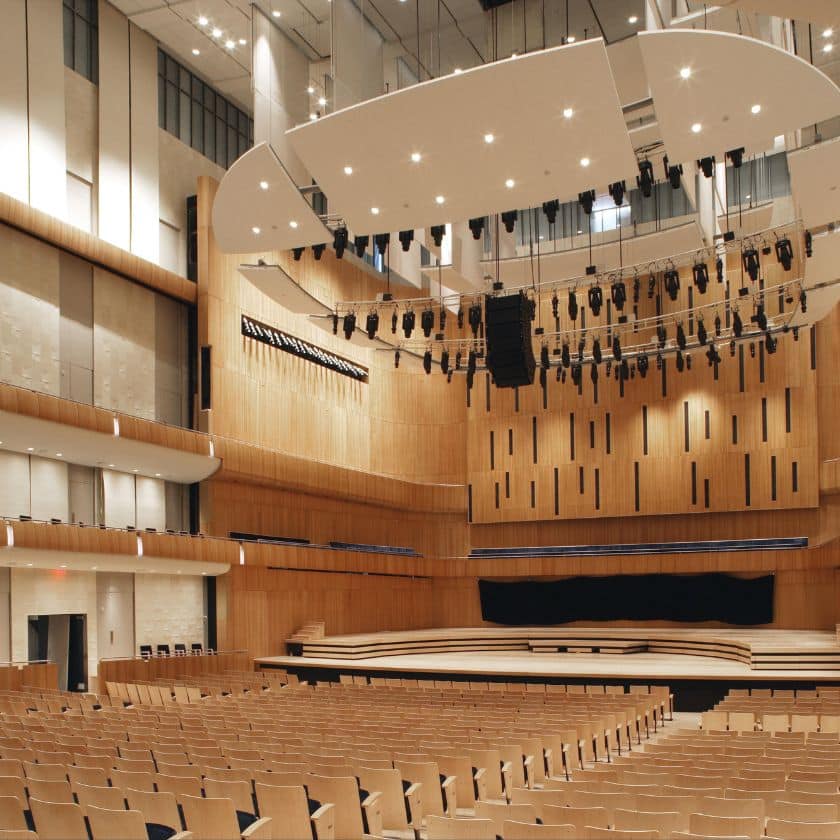 a view looking at the stage of kiewit concert hall