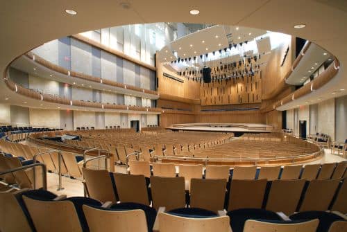 looking at the stage from the back right corner of the empty kiewit concert hall