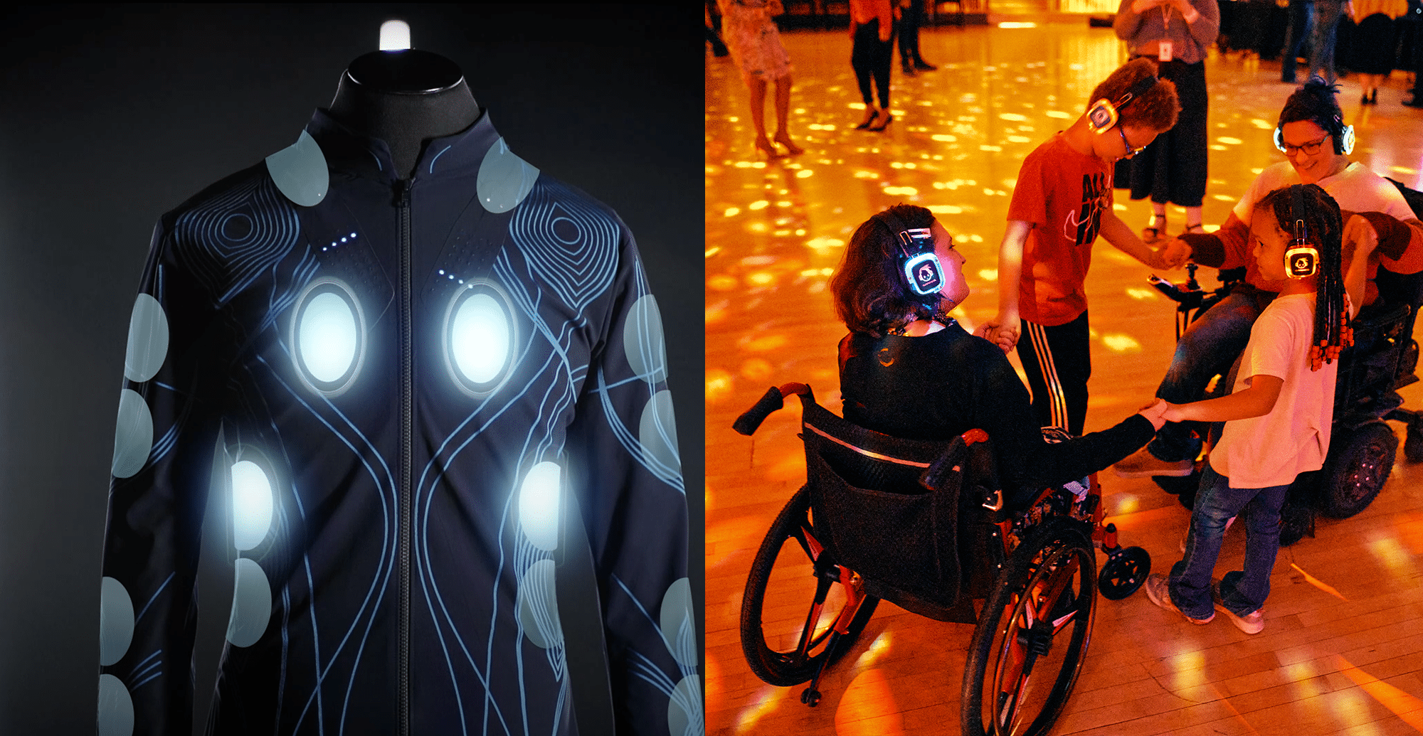 split image with one half showing the SoundShirt and one half showing a family dancing at the silent disco.