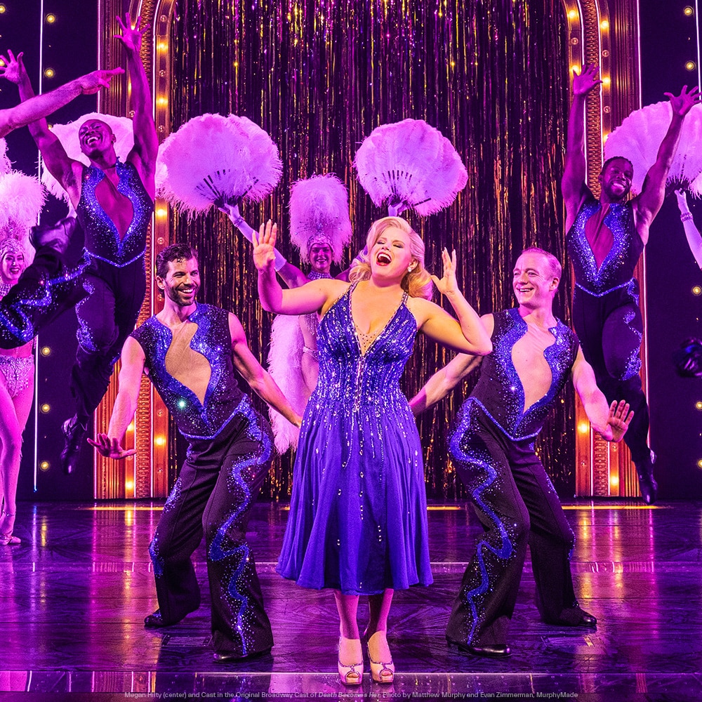 A promotional web image for the Death Becomes Her musical featuring bold theatrical imagery and the show's title design.